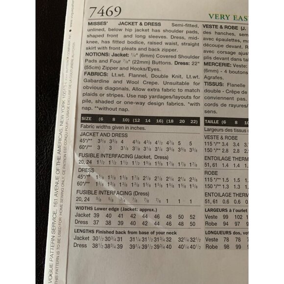 Vogue Misses Dress Jacket Sewing Pattern 7469 Sz 6 - 10 - Uncut - Picture 6 of 10